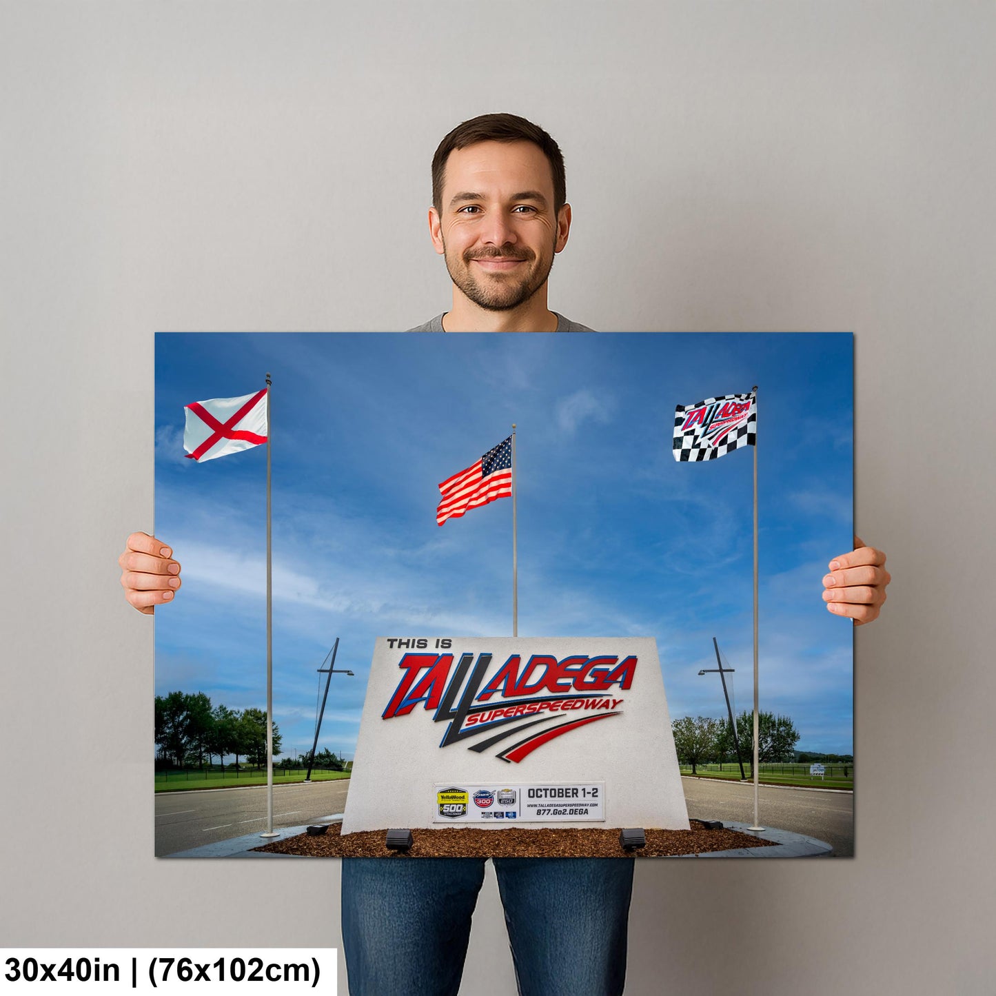 Talladega Superspeedway Sign with Flags, Talladega, Alabama, Photography Print Wall Art