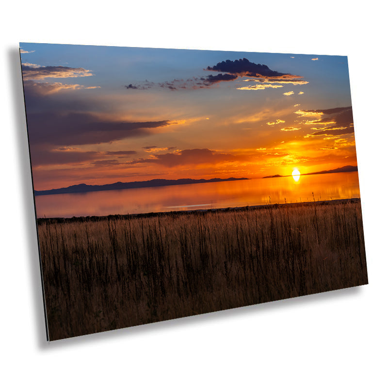 Amber Reflections of Great Salt Lake: Sunset at Antelope Island State Park Metal Aluminium Print Utah Wall Art Photography