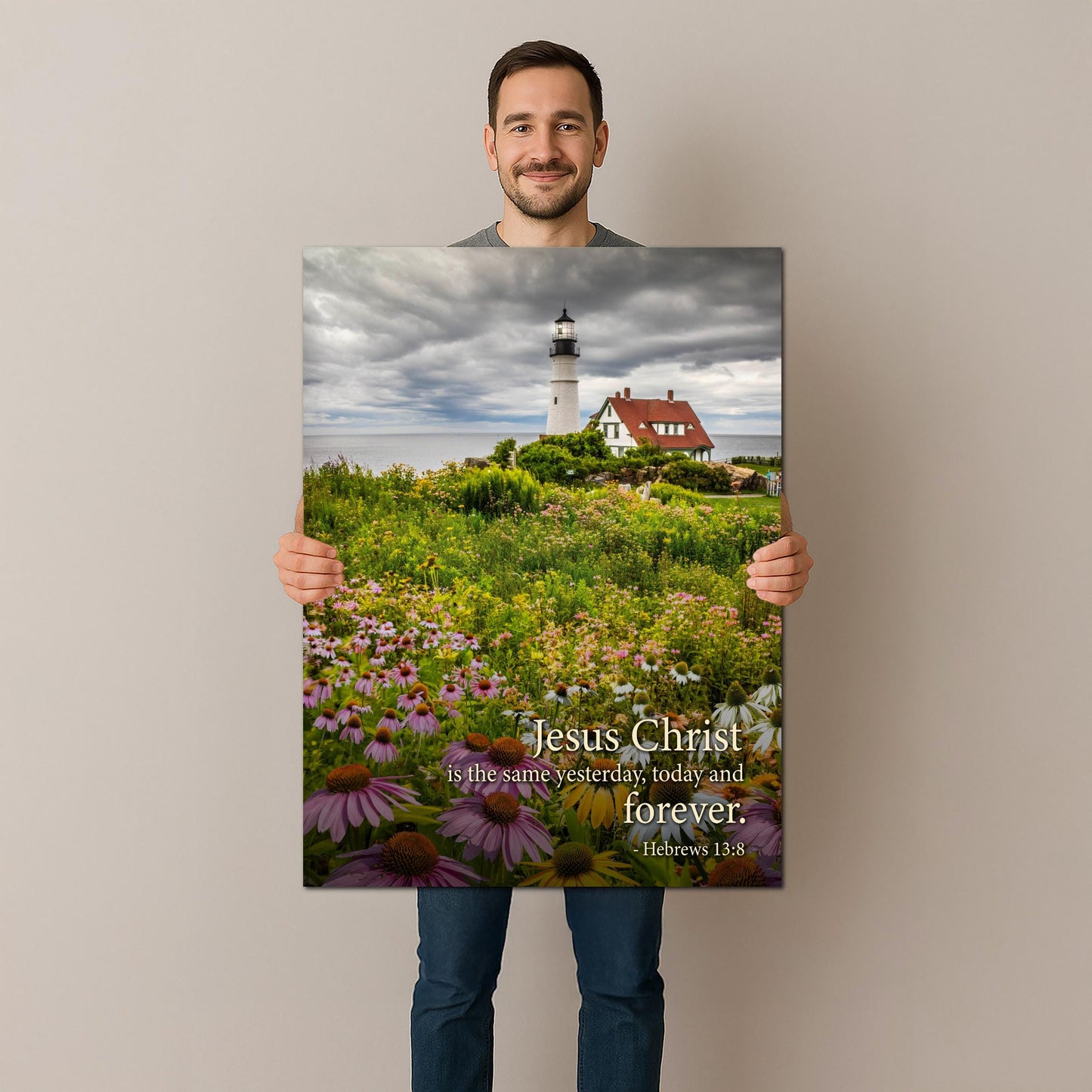 Lighthouse Wall Art – Portland Head Light Christian Wall Decor With Hebrews 13:8 Print