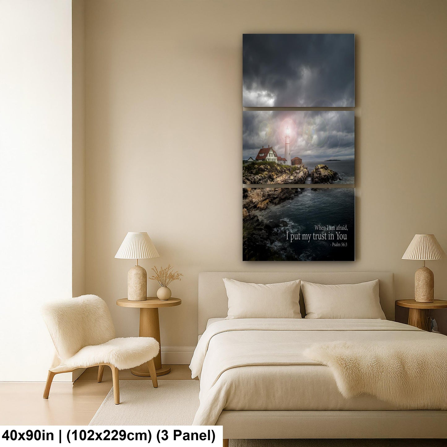 Psalm 56:3 Lighthouse Wall Art – Inspirational Coastal Print with Cape Elizabeth Lighthouse