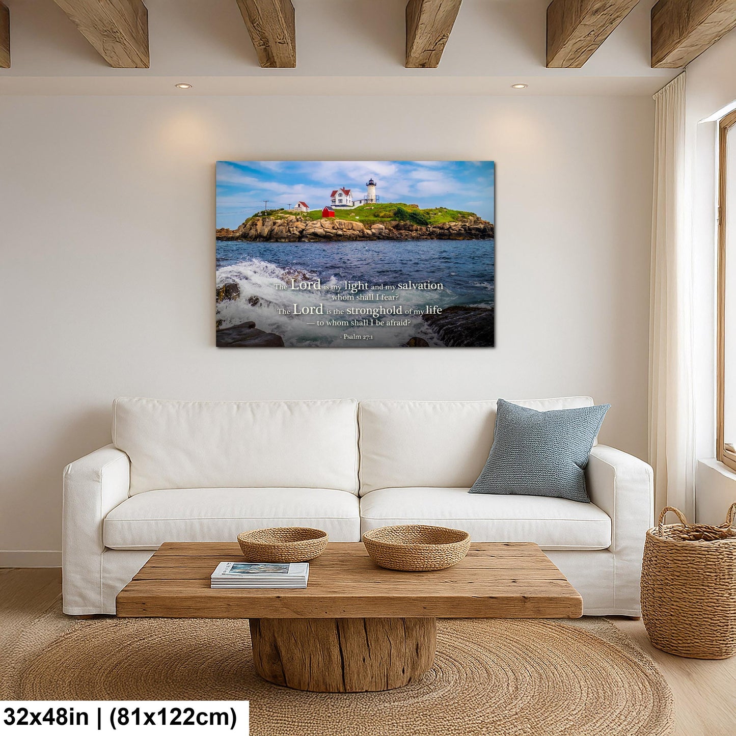 Lighthouse Wall Art – Cape Neddick Maine Print With Psalm 27 Scripture Decor