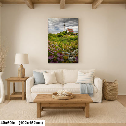 Lighthouse Wall Art – Portland Head Light Christian Wall Decor With Hebrews 13:8 Print