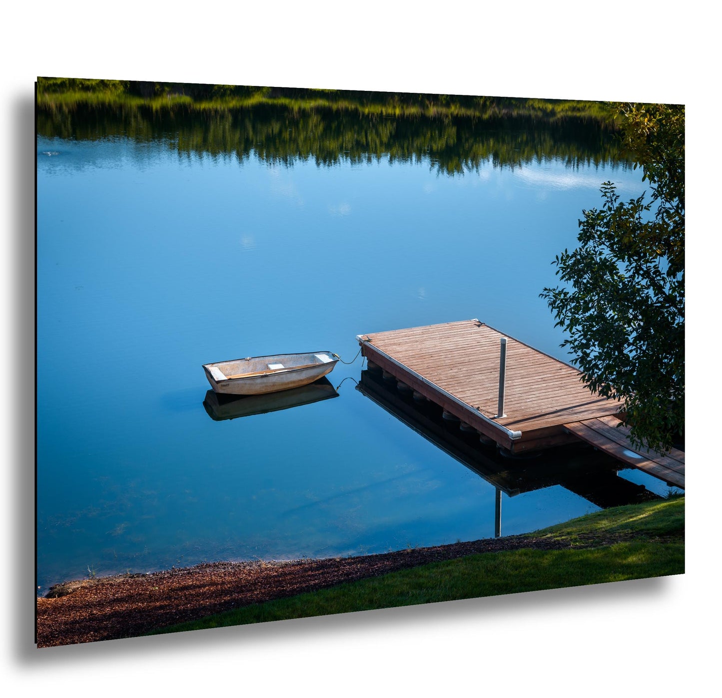 Oregon Lake Rowboat at Wooden Dock Wall Art Canvas Print, Calm Water Reflection Nature Decor, Pacific Northwest Landscape Metal Fine Art