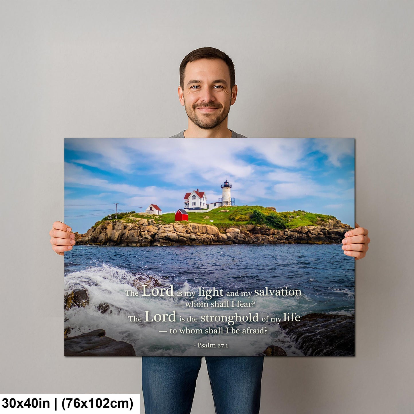 Lighthouse Wall Art – Cape Neddick Maine Print With Psalm 27 Scripture Decor