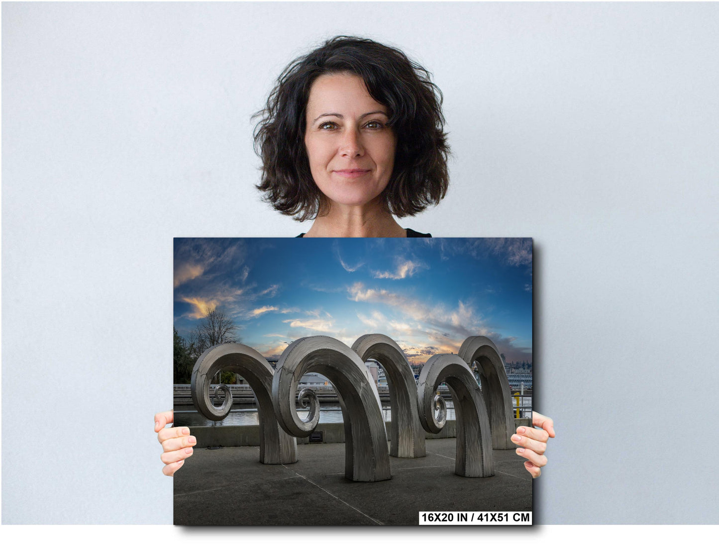 Seattle Waterfront Art Print: Salmon Waves Sculpture - Modern Metal or Canvas