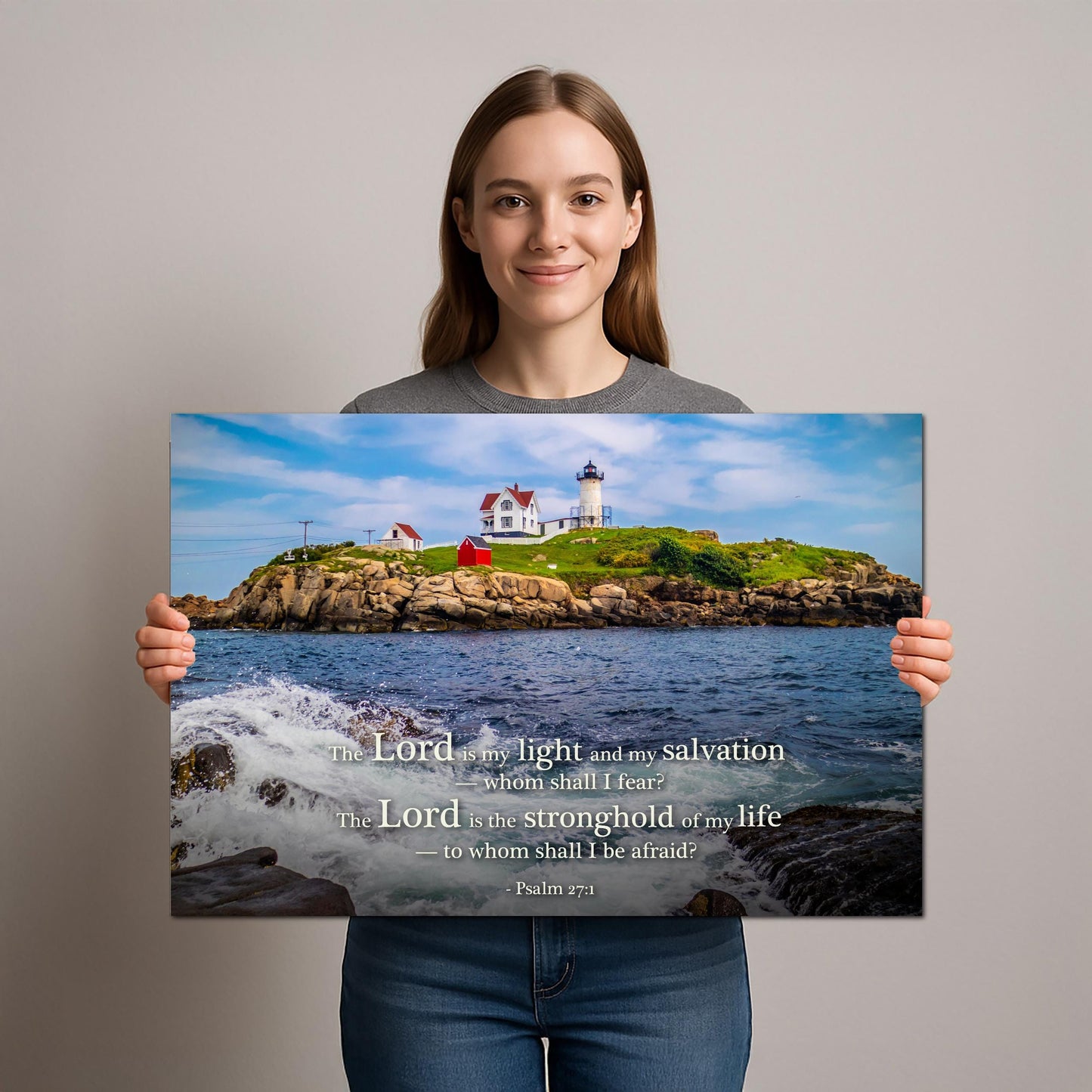 Lighthouse Wall Art – Cape Neddick Maine Print With Psalm 27 Scripture Decor