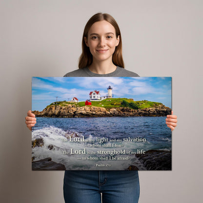 Lighthouse Wall Art – Cape Neddick Maine Print With Psalm 27 Scripture Decor