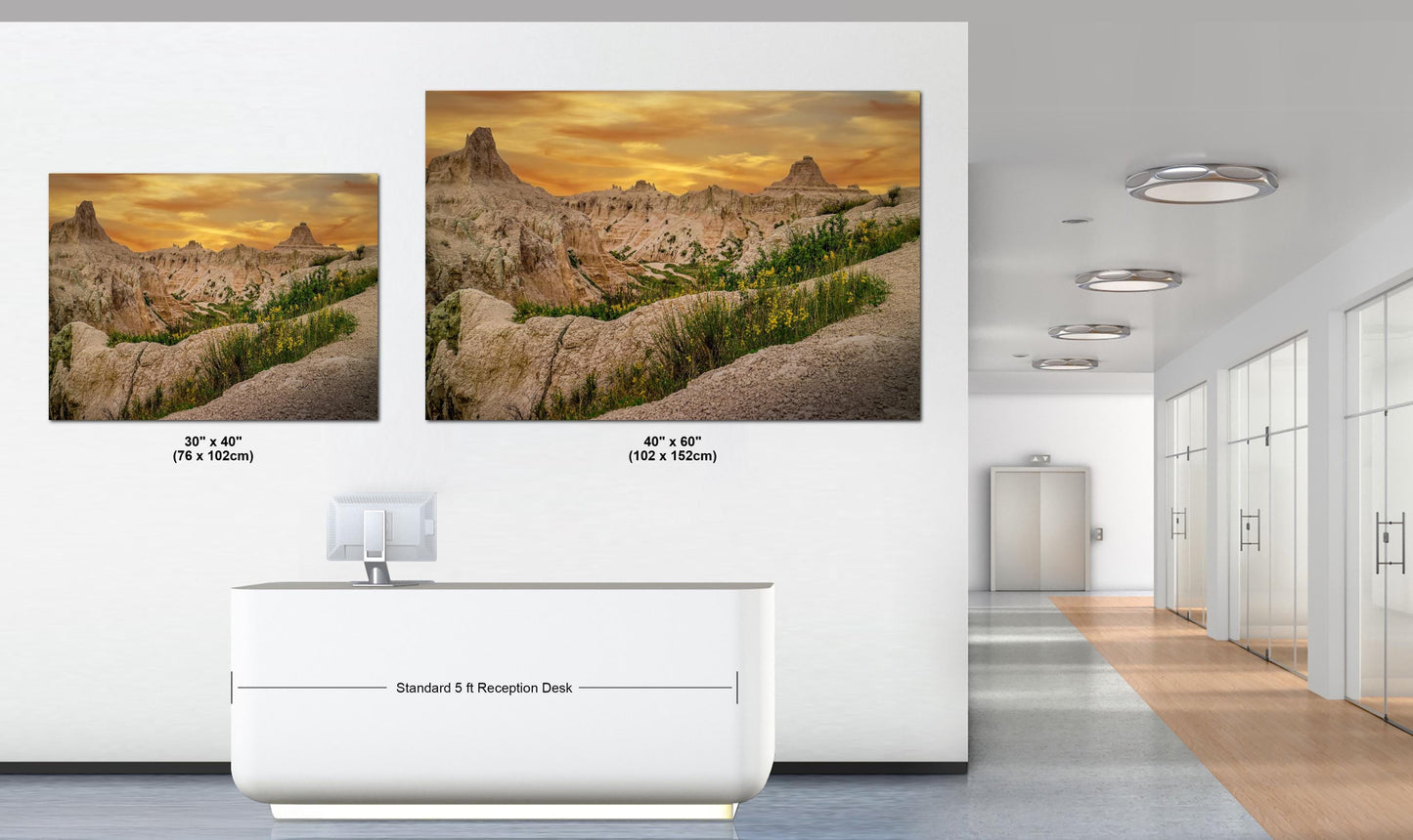 Badlands National Park Sunset, Photography Print, Dramatic Cliffs with Yellow Flowers, South Dakota Landscape Décor