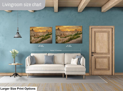 Badlands National Park Sunset, Photography Print, Dramatic Cliffs with Yellow Flowers, South Dakota Landscape Décor