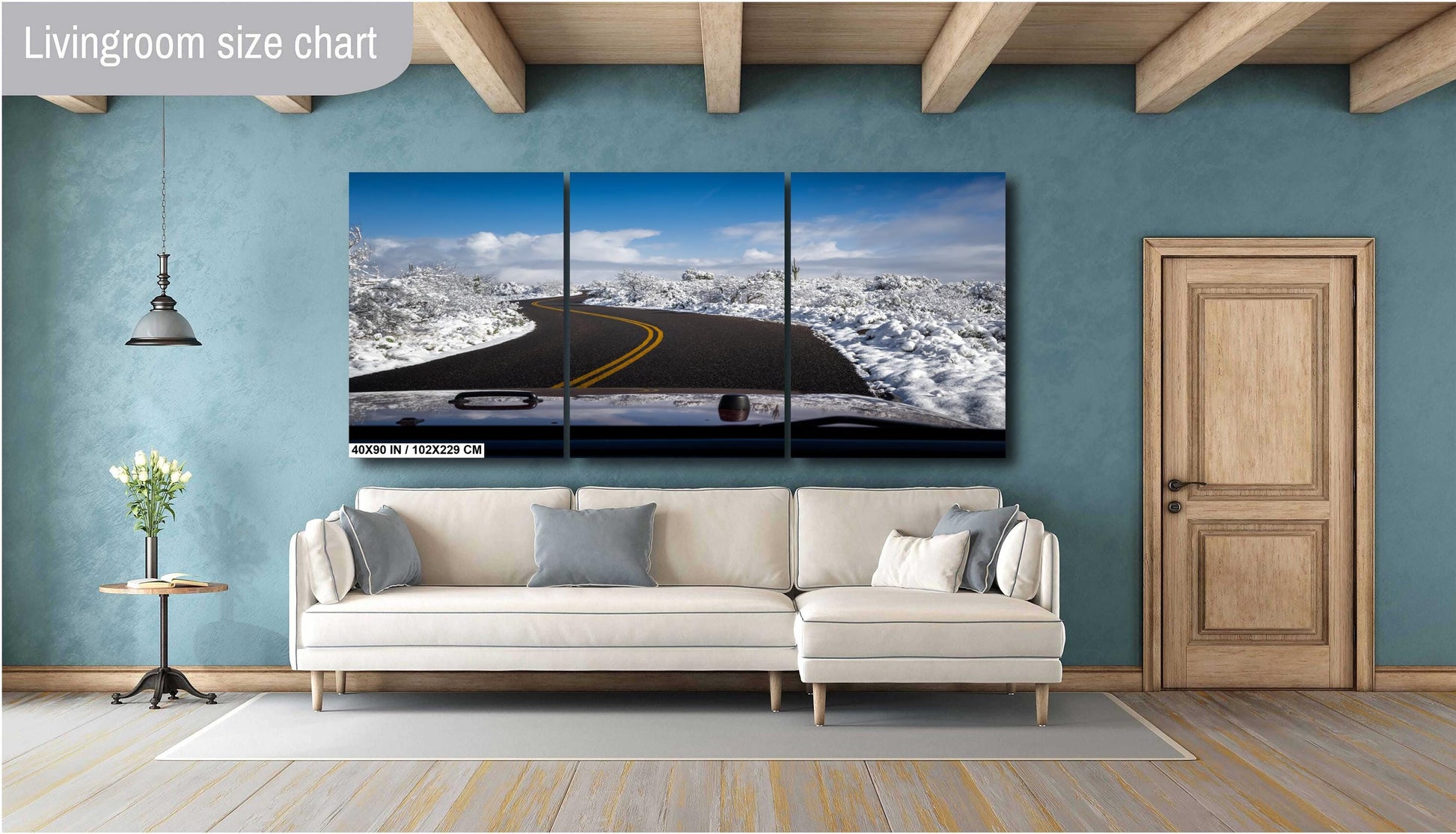 Snow-covered desert road in Saguaro National Park with cacti and a clear blue sky.