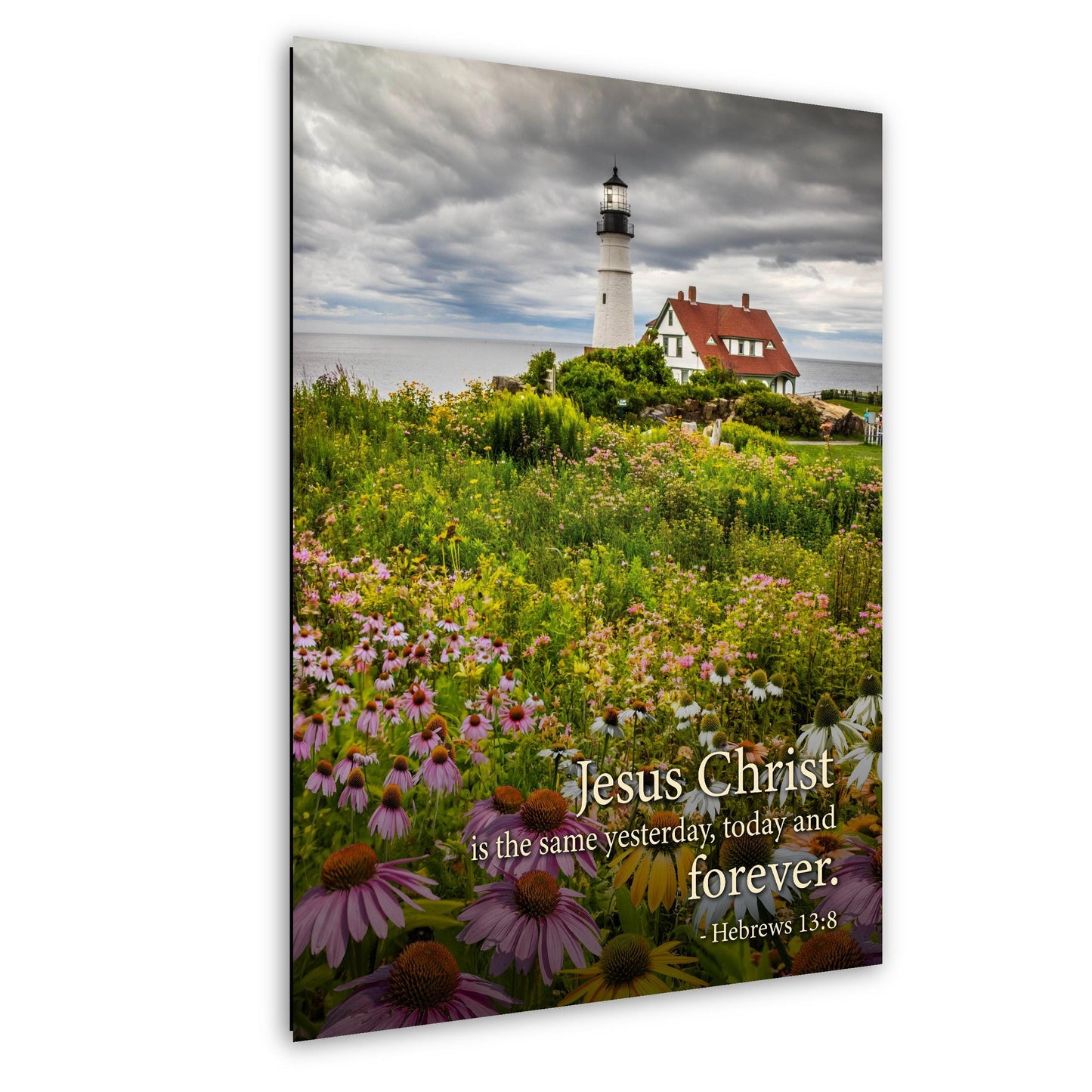Lighthouse Wall Art – Portland Head Light Christian Wall Decor With Hebrews 13:8 Print