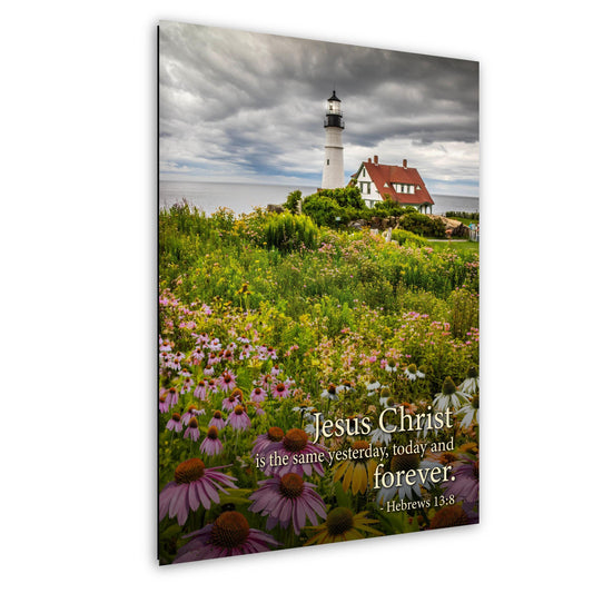 Lighthouse Wall Art – Portland Head Light Christian Wall Decor With Hebrews 13:8 Print