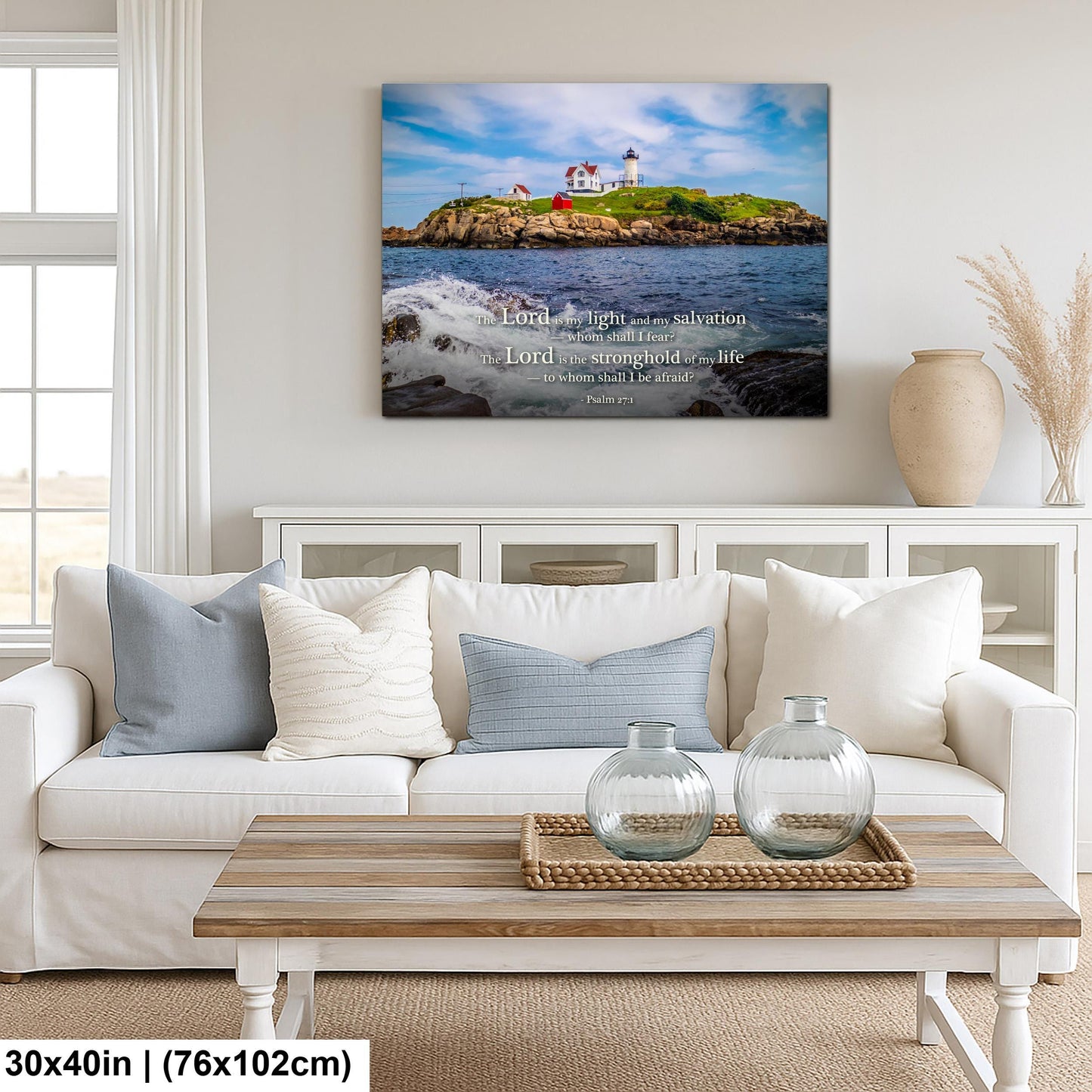 Lighthouse Wall Art – Cape Neddick Maine Print With Psalm 27 Scripture Decor