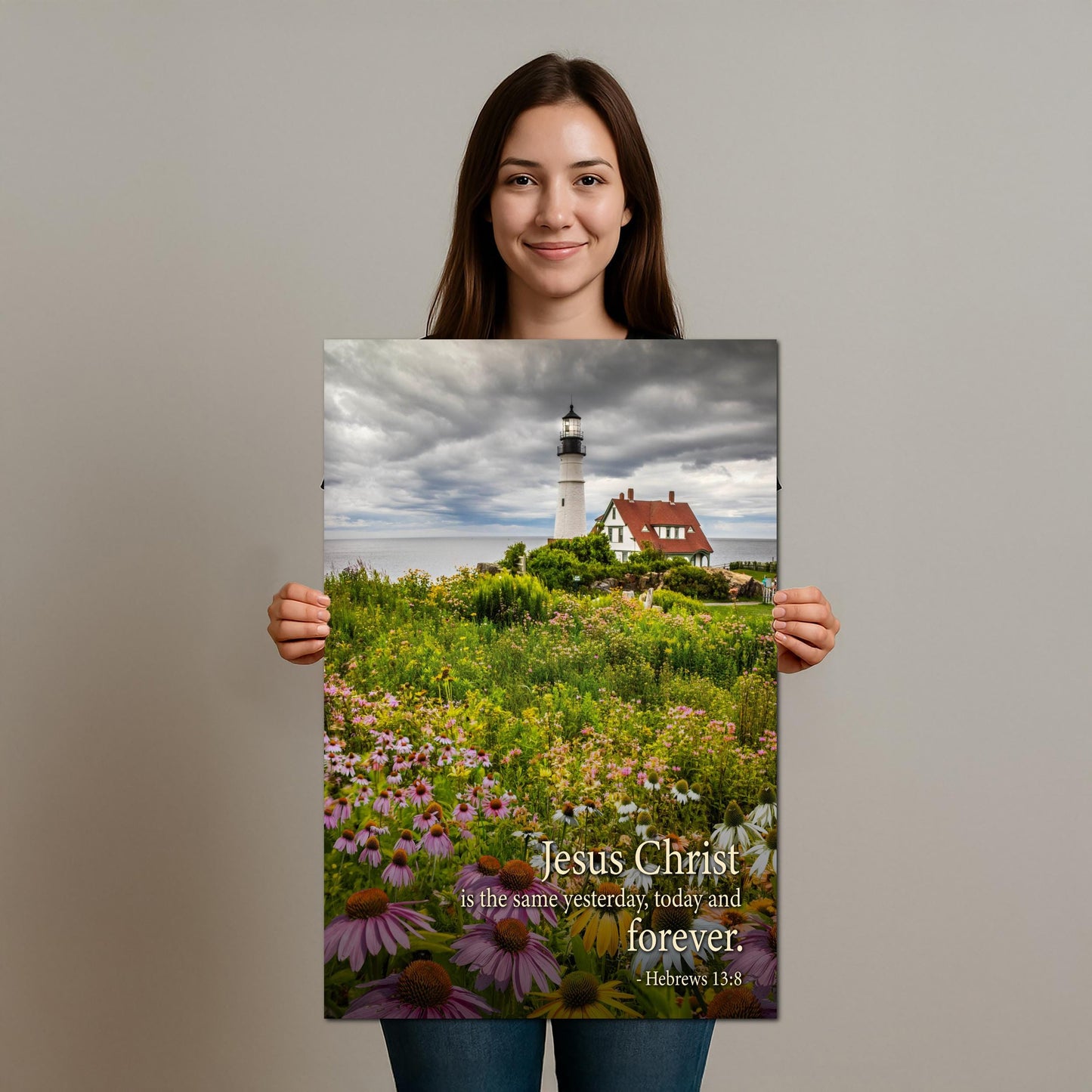 Lighthouse Wall Art – Portland Head Light Christian Wall Decor With Hebrews 13:8 Print