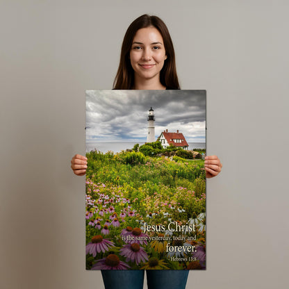 Lighthouse Wall Art – Portland Head Light Christian Wall Decor With Hebrews 13:8 Print
