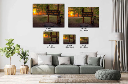 Lake Bemidji State Park Sign at Sunset Wall Art Print Aluminum/Acrylic/Metal/Canvas Forest Photography Hanging Home Decor Historic Landmark