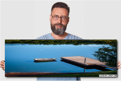 Oregon Lake Rowboat at Wooden Dock Wall Art Canvas Print, Calm Water Reflection Nature Decor, Pacific Northwest Landscape Metal Fine Art