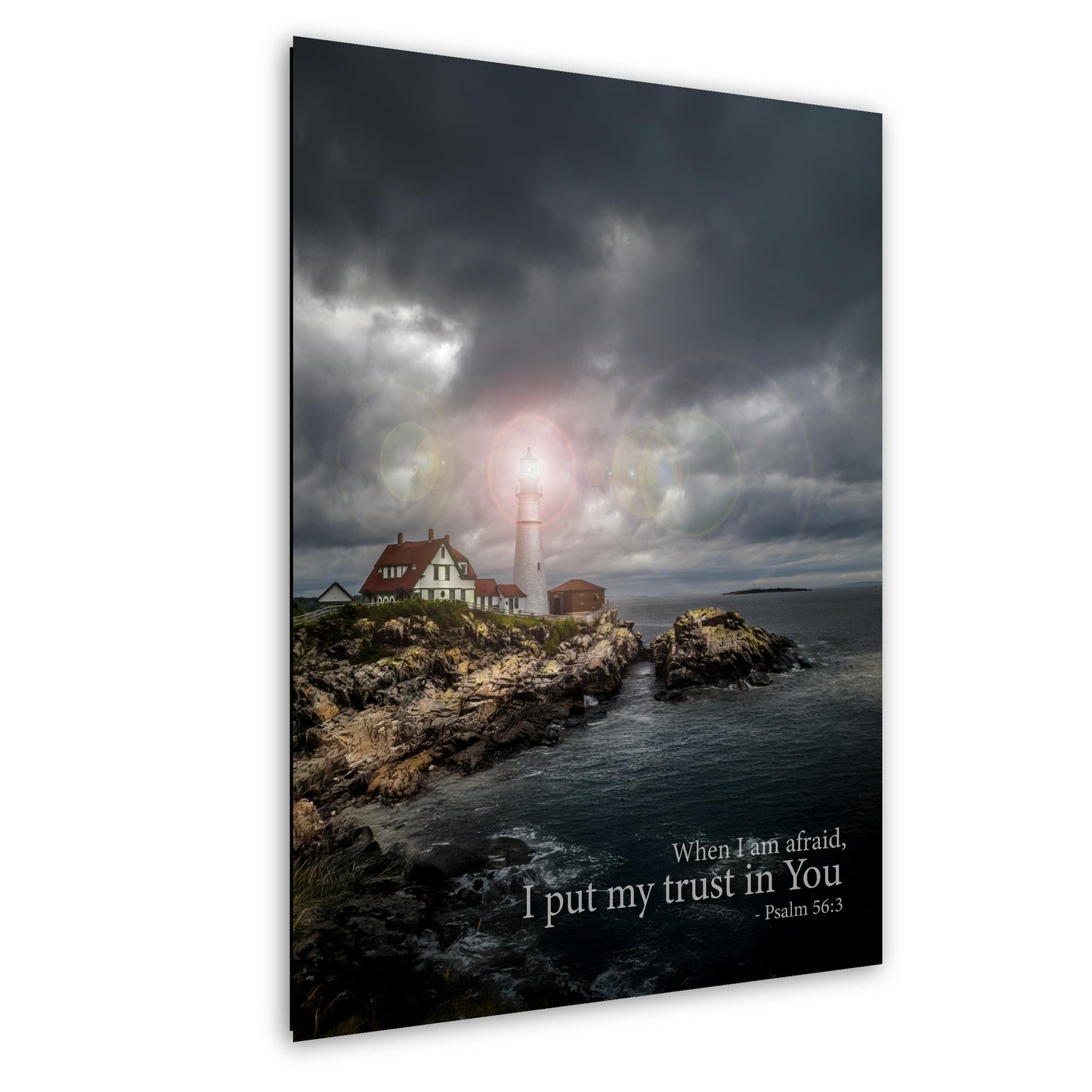 Psalm 56:3 Lighthouse Wall Art – Inspirational Coastal Print with Cape Elizabeth Lighthouse