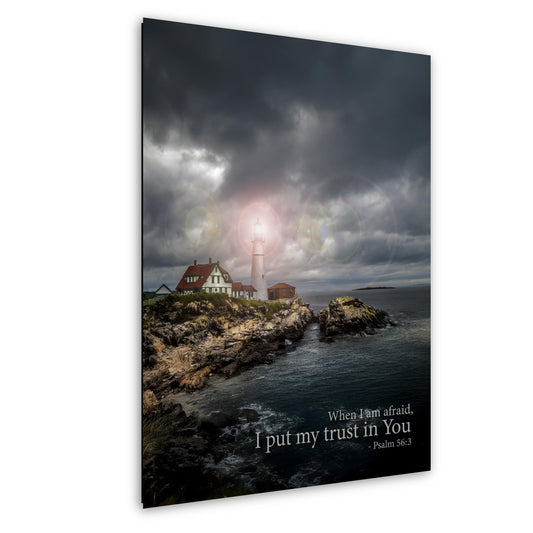 Psalm 56:3 Lighthouse Wall Art – Inspirational Coastal Print with Cape Elizabeth Lighthouse