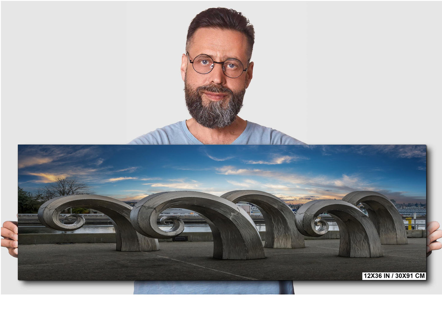 Seattle Waterfront Art Print: Salmon Waves Sculpture - Modern Metal or Canvas