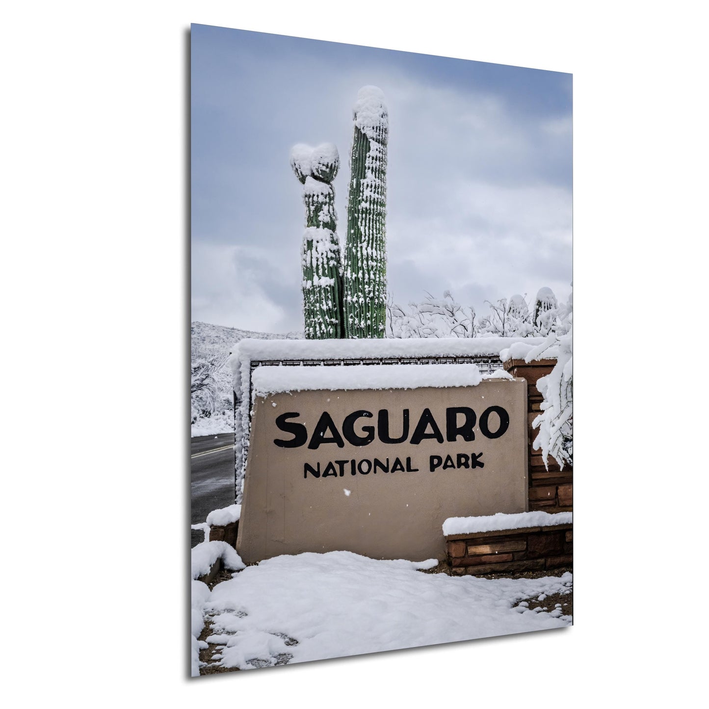 A Frosty Welcome to Saguaro National Park Sign Print Wall Art Tucson Winter Snow Desert Photography Aluminum/Acrylic/Metal/Canvas Home Decor