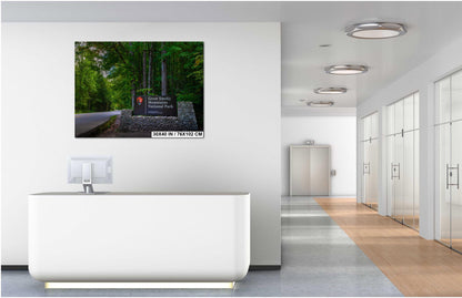 Great Smoky Mountains National Park Sign and Forest Road Photography Print, Wall Art Tennessee Landscape Decor