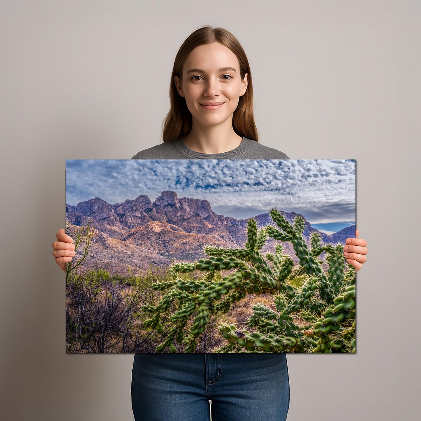 Cholla Cactus in Catalina State Park, Arizona, Photography Print, Sonoran Desert Mountain Landscape Wall Art