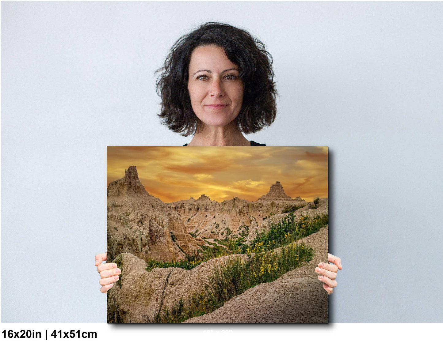 Badlands National Park Sunset, Photography Print, Dramatic Cliffs with Yellow Flowers, South Dakota Landscape Décor