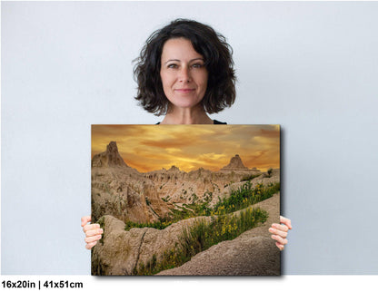 Badlands National Park Sunset, Photography Print, Dramatic Cliffs with Yellow Flowers, South Dakota Landscape Décor
