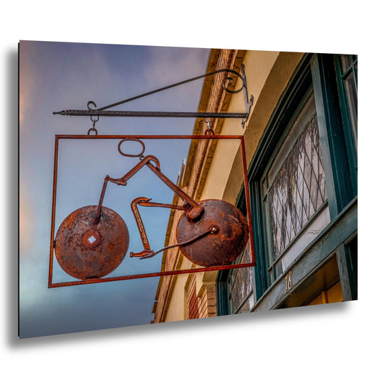Bisbee Arizona Photography Print: Rusted Bicycle Sign, Vintage Metal Art