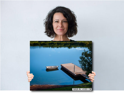 Oregon Lake Rowboat at Wooden Dock Wall Art Canvas Print, Calm Water Reflection Nature Decor, Pacific Northwest Landscape Metal Fine Art