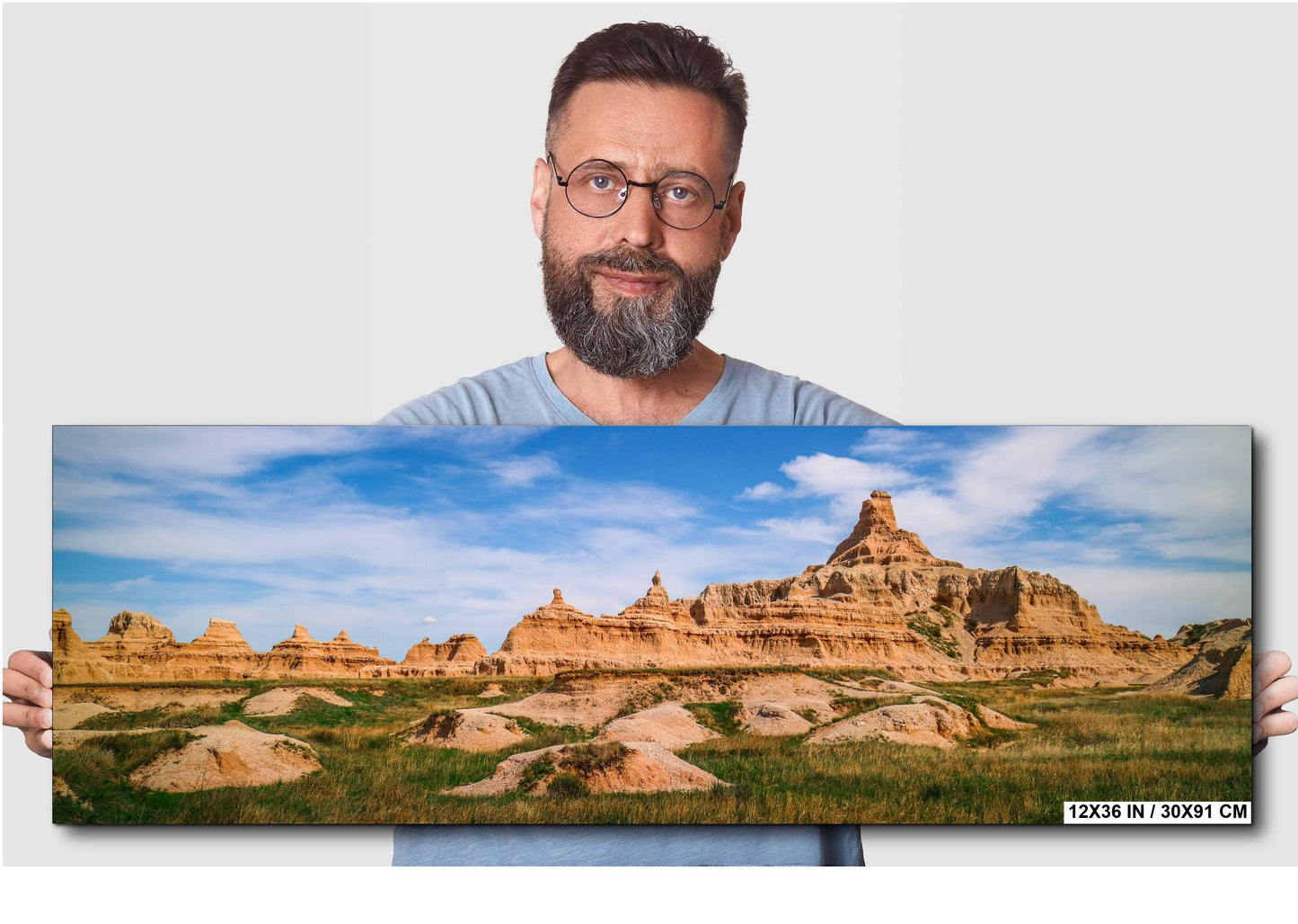 Badlands National Park Layered Buttes and Prairie Under Blue Sky South Dakota Photography Print