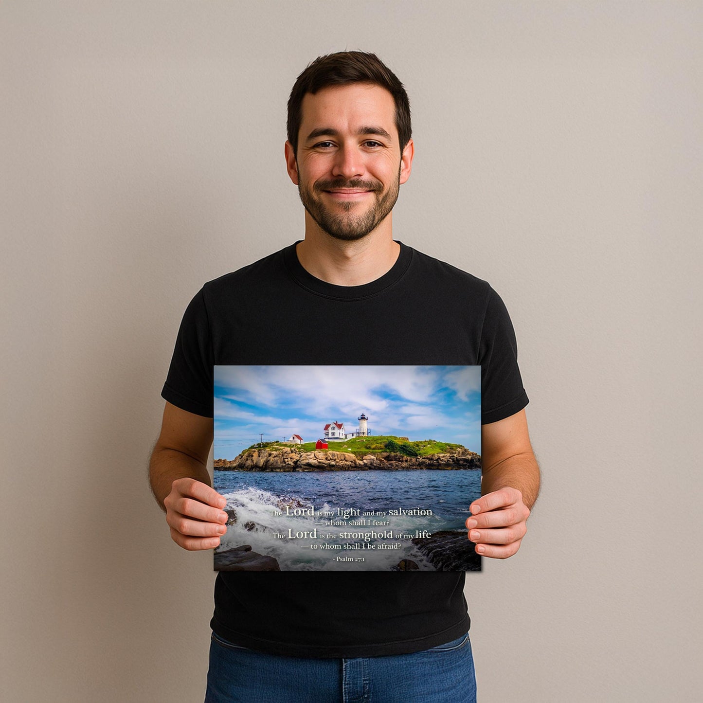 Lighthouse Wall Art – Cape Neddick Maine Print With Psalm 27 Scripture Decor