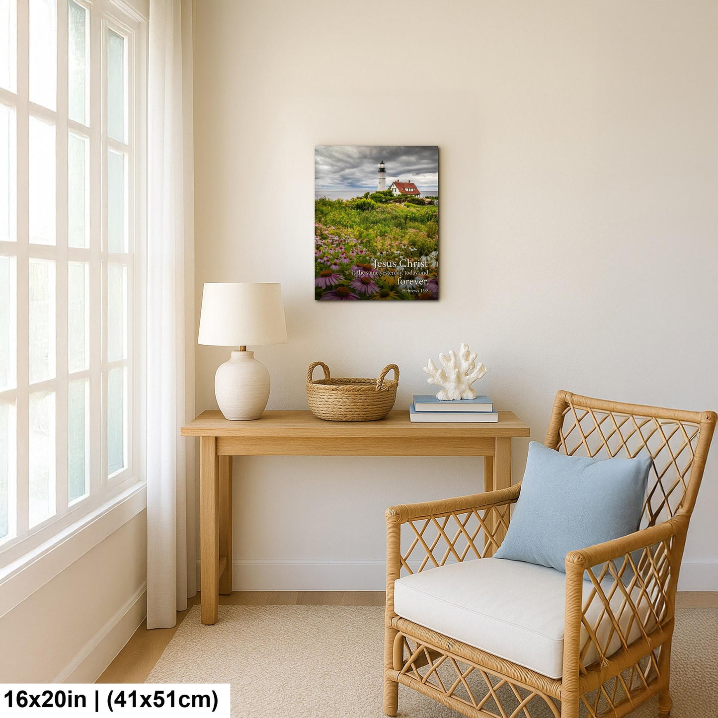 Lighthouse Wall Art – Portland Head Light Christian Wall Decor With Hebrews 13:8 Print