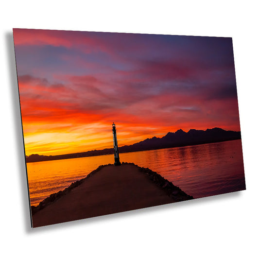 Lakeside Elegance: Cape Henry Lighthouse Replica in Lake Havasu Wall Art Arizona Landscape Aluminum Metal Print