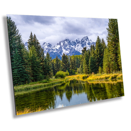 Mirror of Tranquility: Grand Teton Water Reflection Stream Photography Canvas Metal Print Wall Art