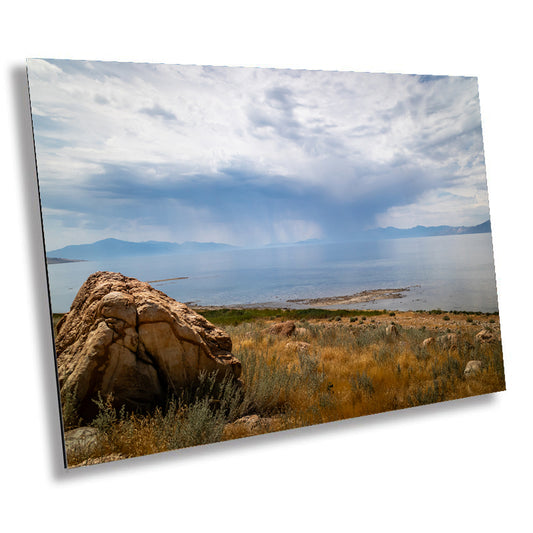 Nature's Cleansing: Rainy Splendor at the Great Salt Lake Photography Wall Art Metal Acrylic Print Utah Landscape