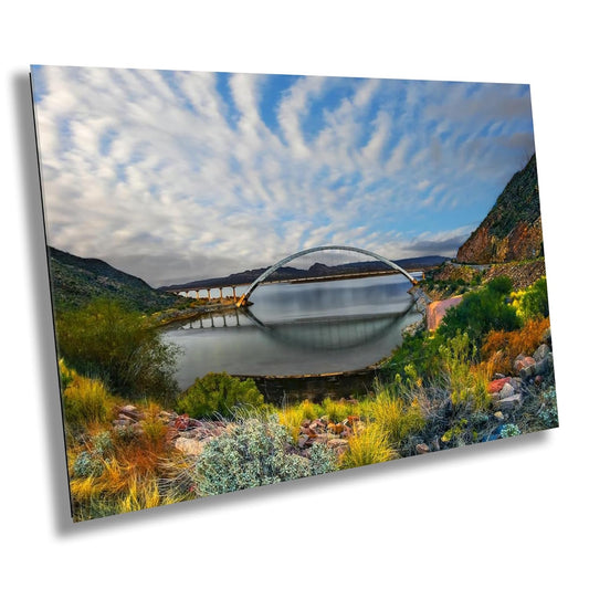 Reflections of Connection: Roosevelt Lake Bridge Arizona Wall Art Scenic Photograph Cloudy Sky Canvas Print