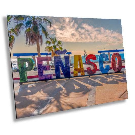 Seascape Welcome: Puerto Peñasco’s Inviting Sign by the Shore Metal Canvas Print Mexico Wall Art Photography