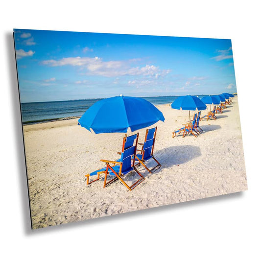 Seaside Escapade:  Blue Umbrella Beach Florida Seascape Photography Metal Canvas Wall Art Print