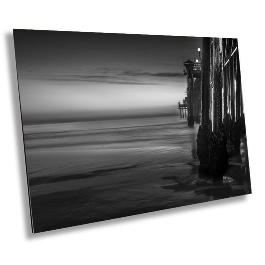 Shadows and Silhouettes: Side View of Oceanside Pier California Wall Art Metal Acrylic Print Black and White Landscape