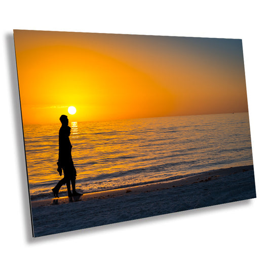 Shadows of Romance: Couple Silhouette Stroll Wall Art  Sunset Beach Florida Seascape Photography Canvas Print