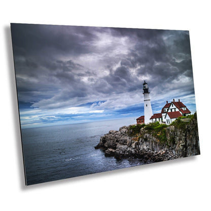 Storm Rolling In: Cape Elizabeth Lighthouse Nautical Metal Canvas Print, Seascape Photography