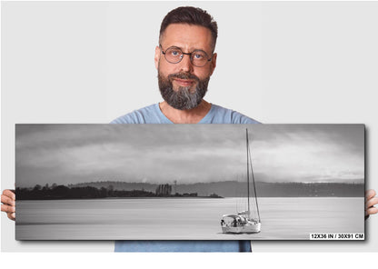 Seattle Shilshole Bay Marina Sailboat Black and White Washington Canvas Wall Art Photography Metal Print, Puget Sound Coastal Nautical Decor