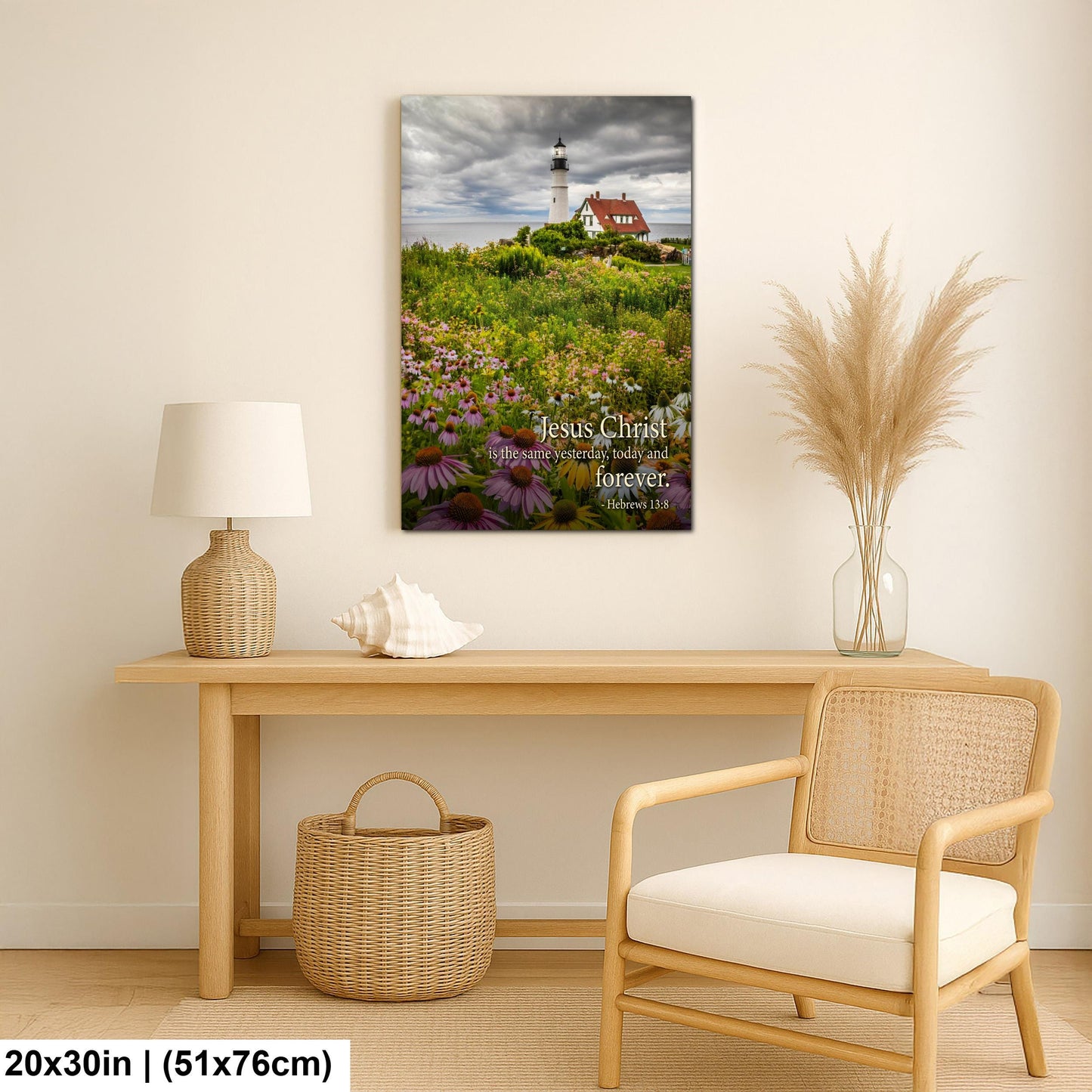 Lighthouse Wall Art – Portland Head Light Christian Wall Decor With Hebrews 13:8 Print