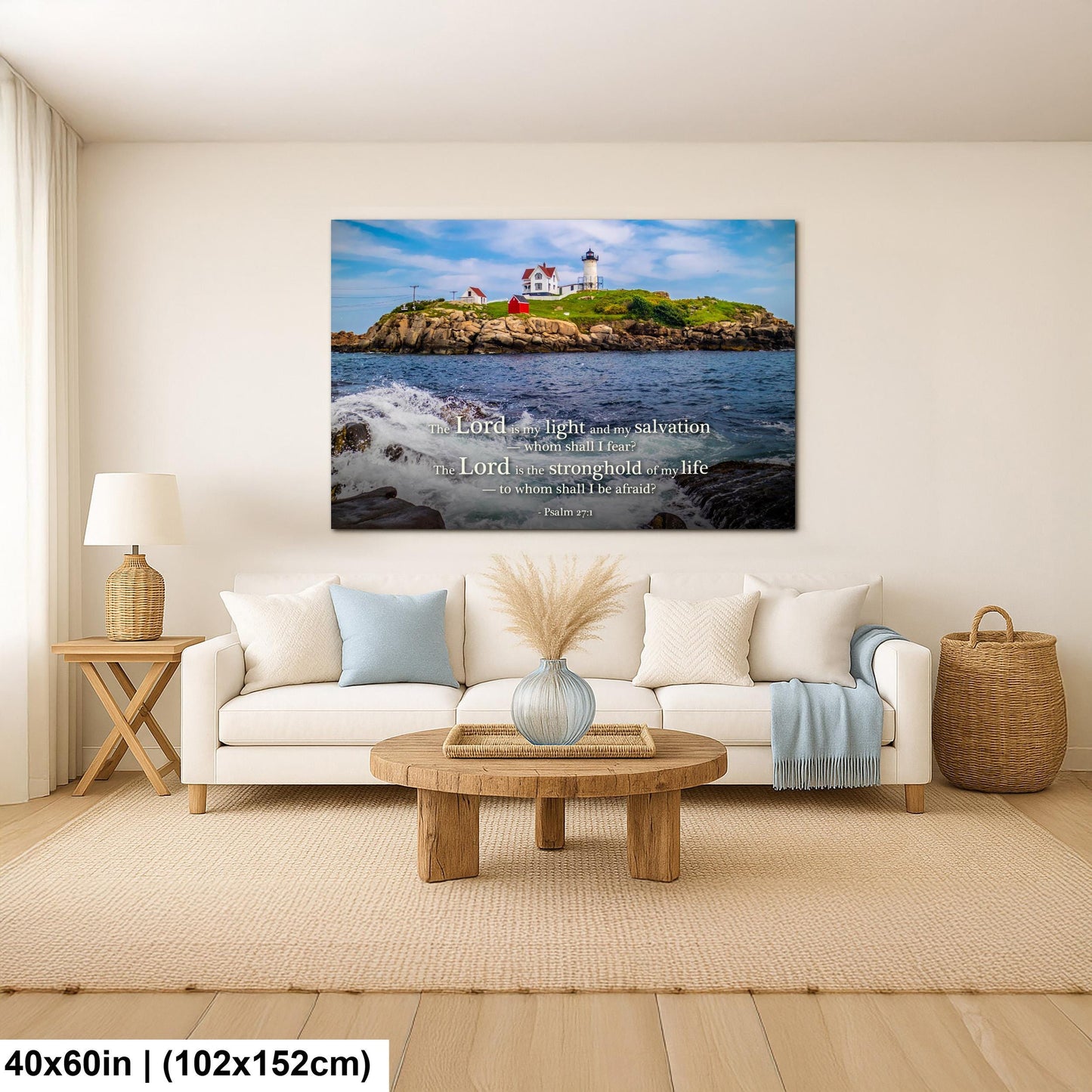 Lighthouse Wall Art – Cape Neddick Maine Print With Psalm 27 Scripture Decor