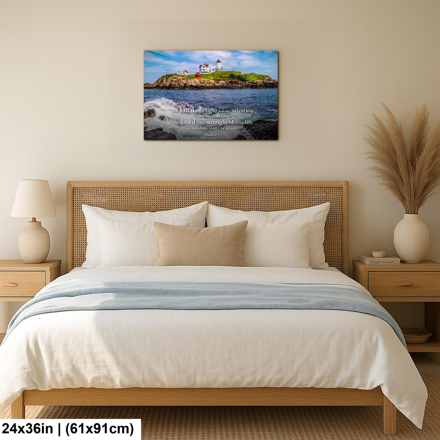 Lighthouse Wall Art – Cape Neddick Maine Print With Psalm 27 Scripture Decor