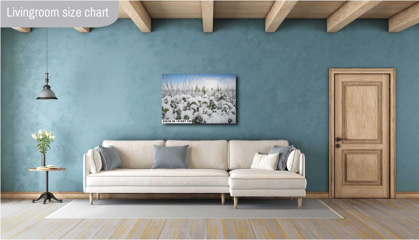 Prickly Pear Cacti in the Cold: Snowfall at Saguaro National Park Print Wall Art Tucson Winter Snow Desert Aluminum/Acrylic/Metal/Canvas