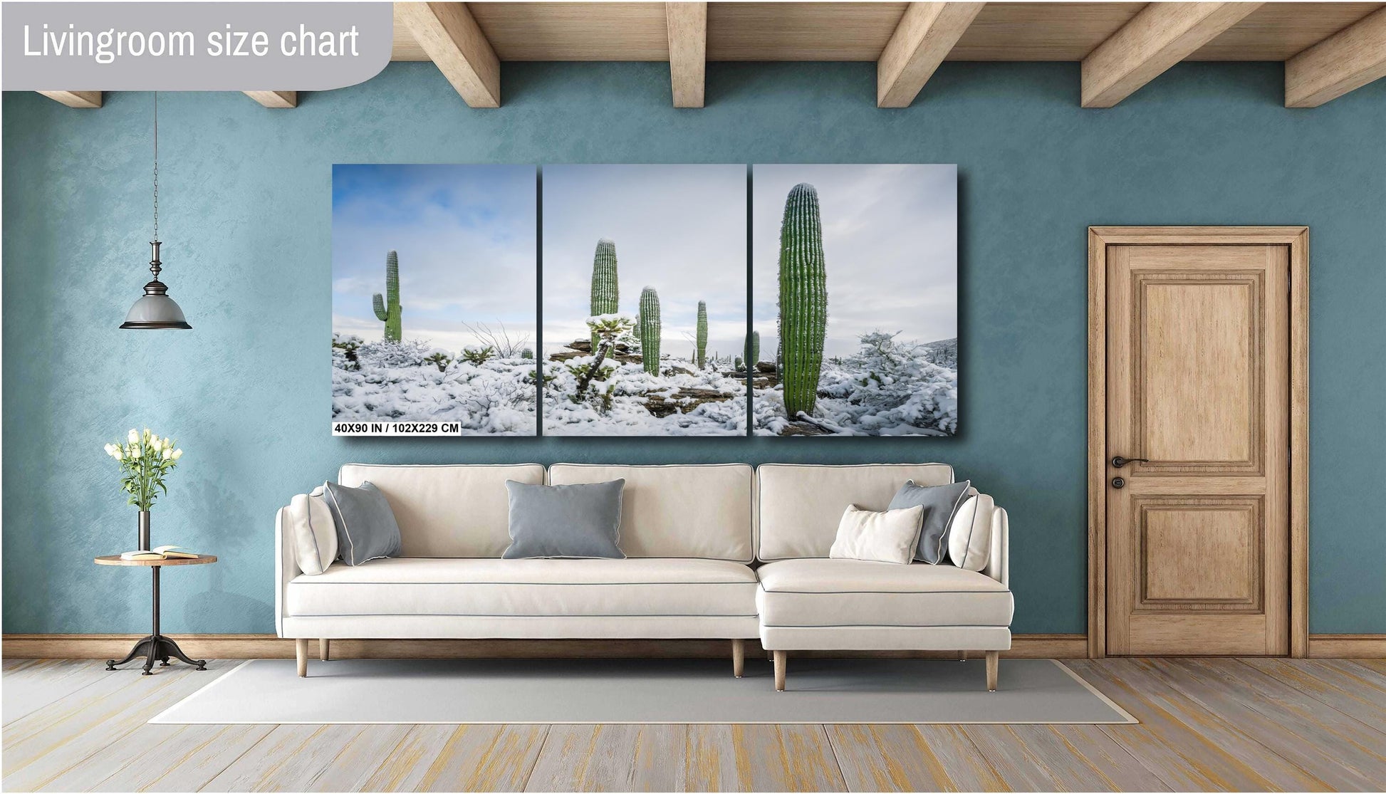 Snow-covered saguaro cacti in Arizona desert, showcasing a rare winter scene with fresh powdery snow.