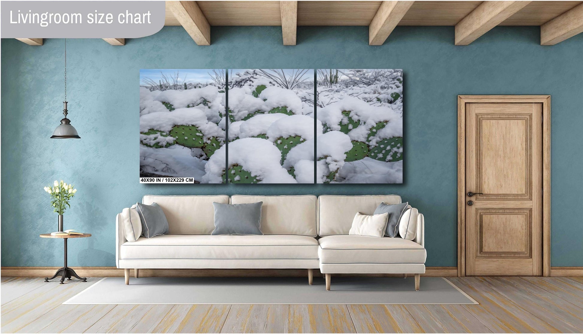 Snow-covered prickly pear cacti in Saguaro National Park, Arizona, showcasing rare desert winter beauty.